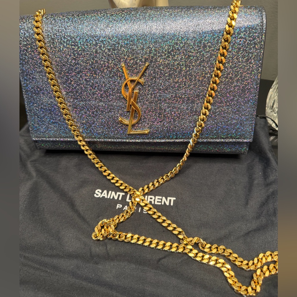 Saint Laurent YSL Kate Monogram Iridescent Glitter Clutch with Gold Chain 2017